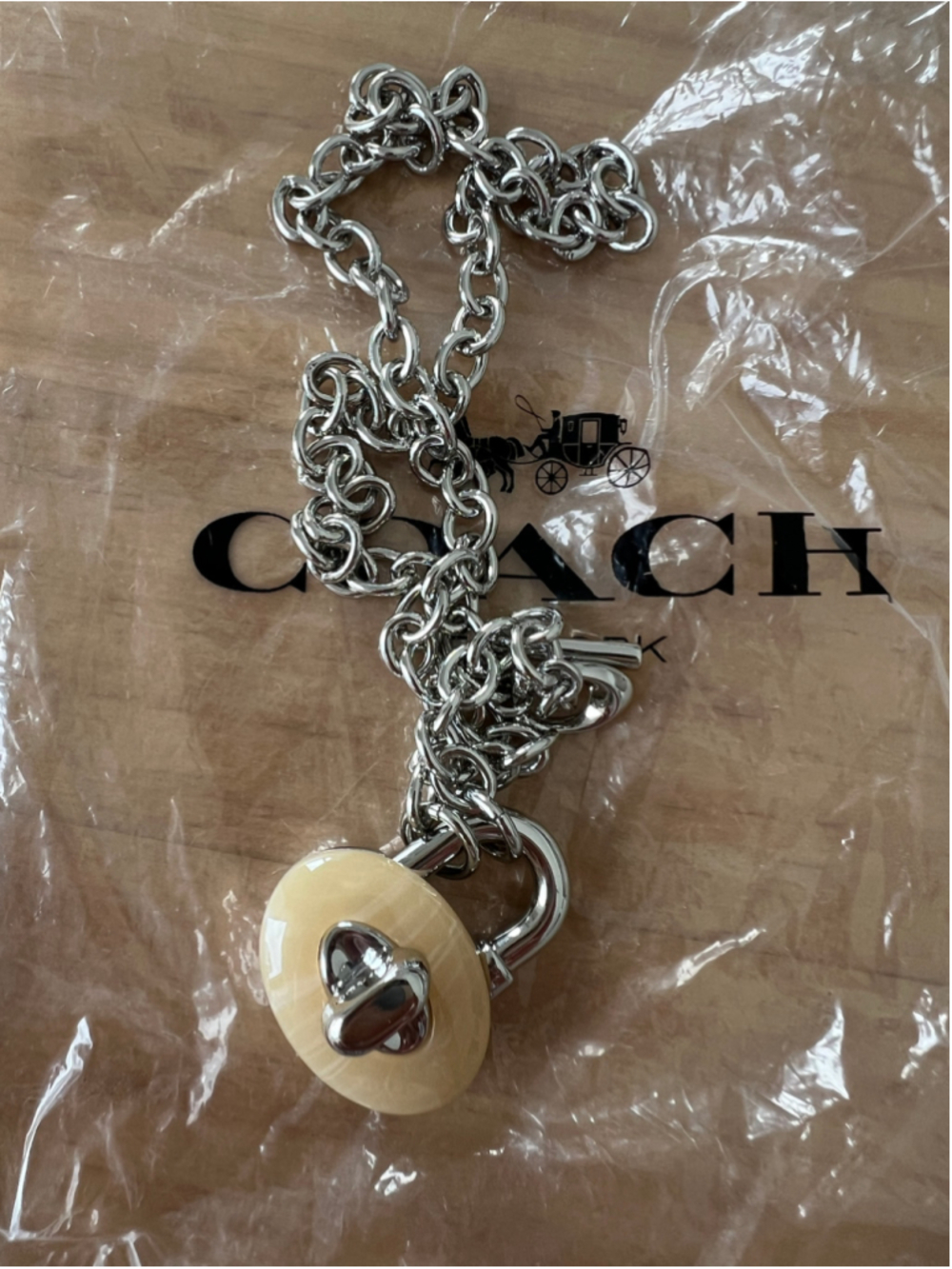 RARE NEW Coach Silver Padlock Necklace Cream Resin Lock Toggle